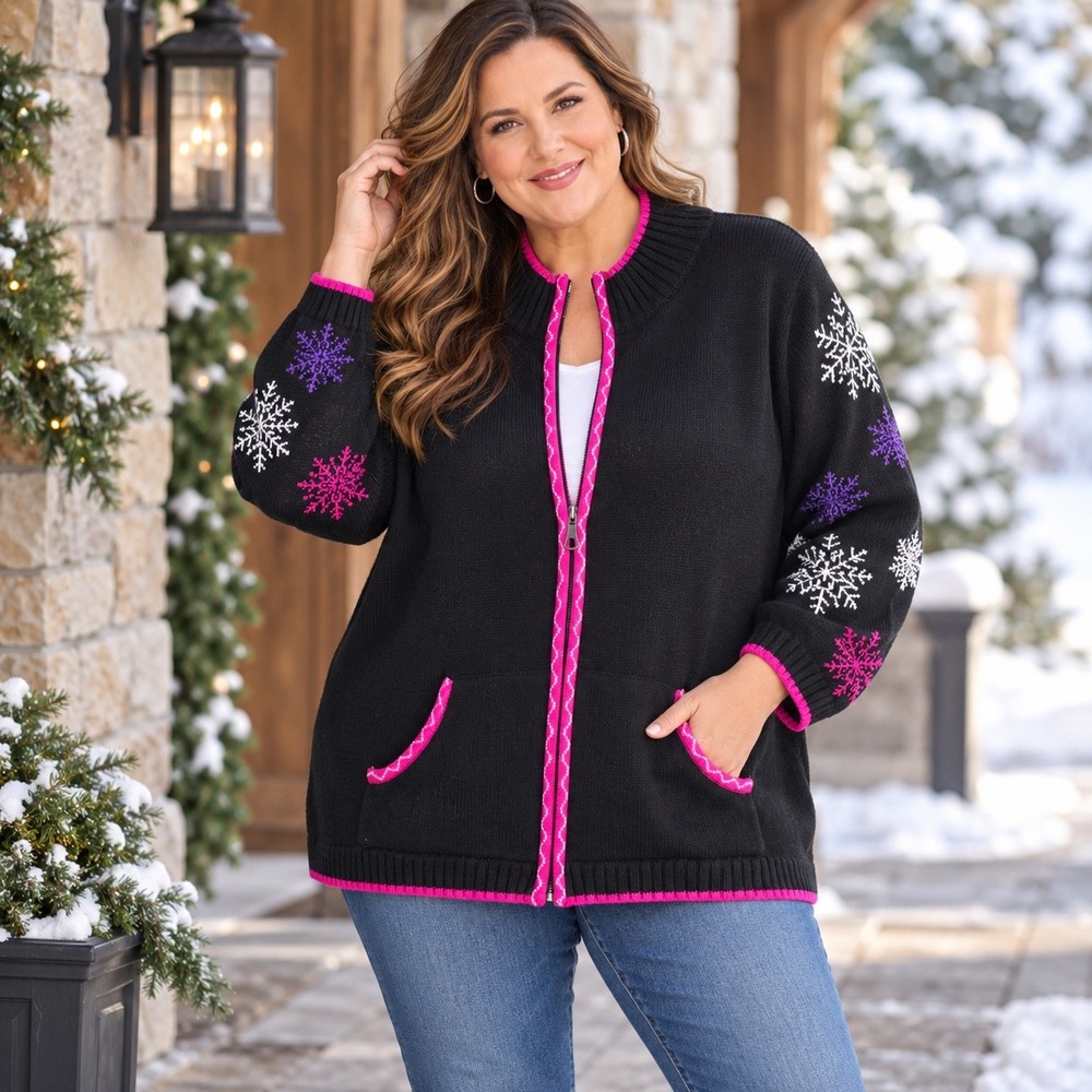 CJ Banks Womens 2X Black Pink Snowflake Zip Front Cotton Cardigan Sweater